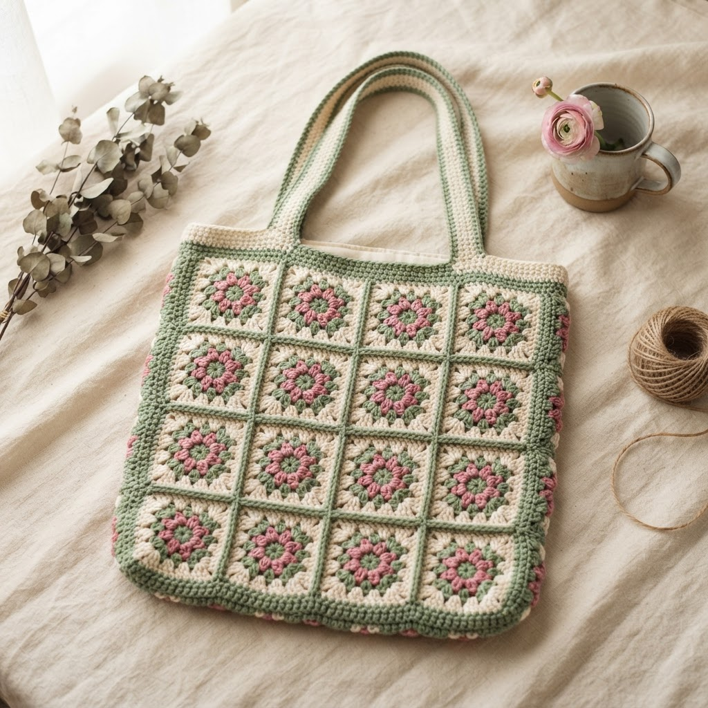 Granny-Square Tote — Crocheted rainbow shoulder bag