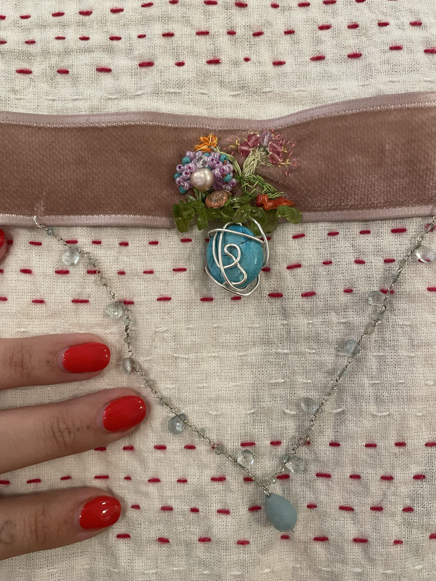 Blush Garden — Blush velvet, wire-wrapped turquoise
